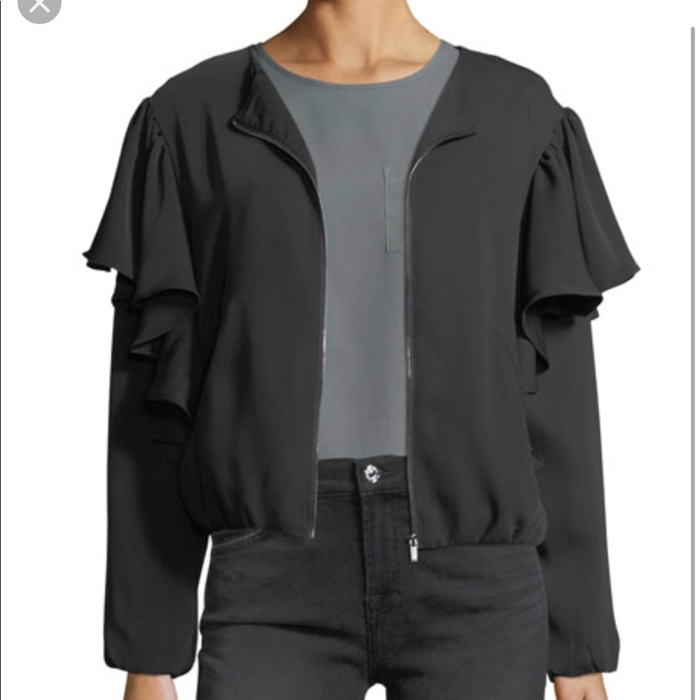Free Generation Stretch Satin Jacket in Black size Medium Ruffle Shoulder